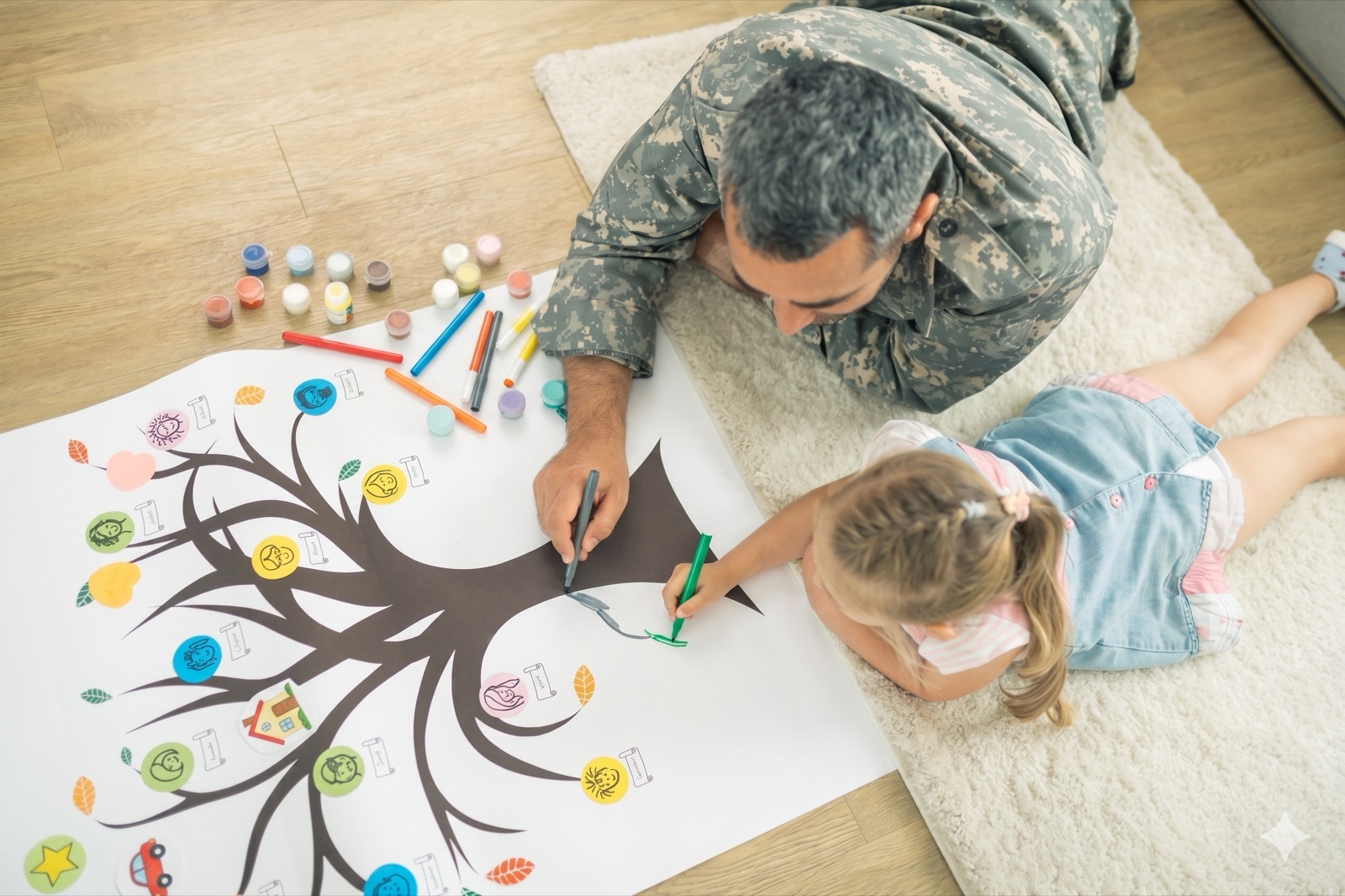 A parent and young child lying on the floor, drawing and colouring in their family tree together